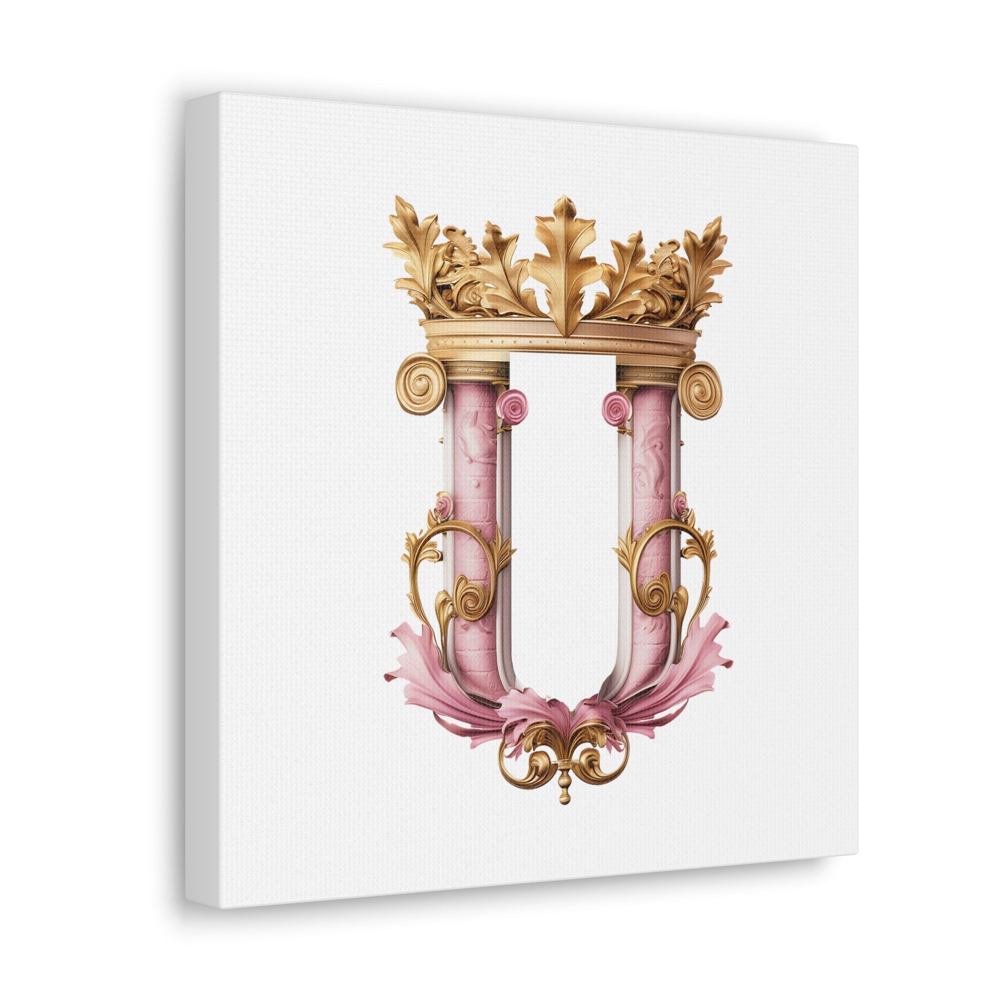 Monogram U Wall Art -  Canvas Print Gallery Wrap - Single Initial Letter with Crown - Pink and Gold