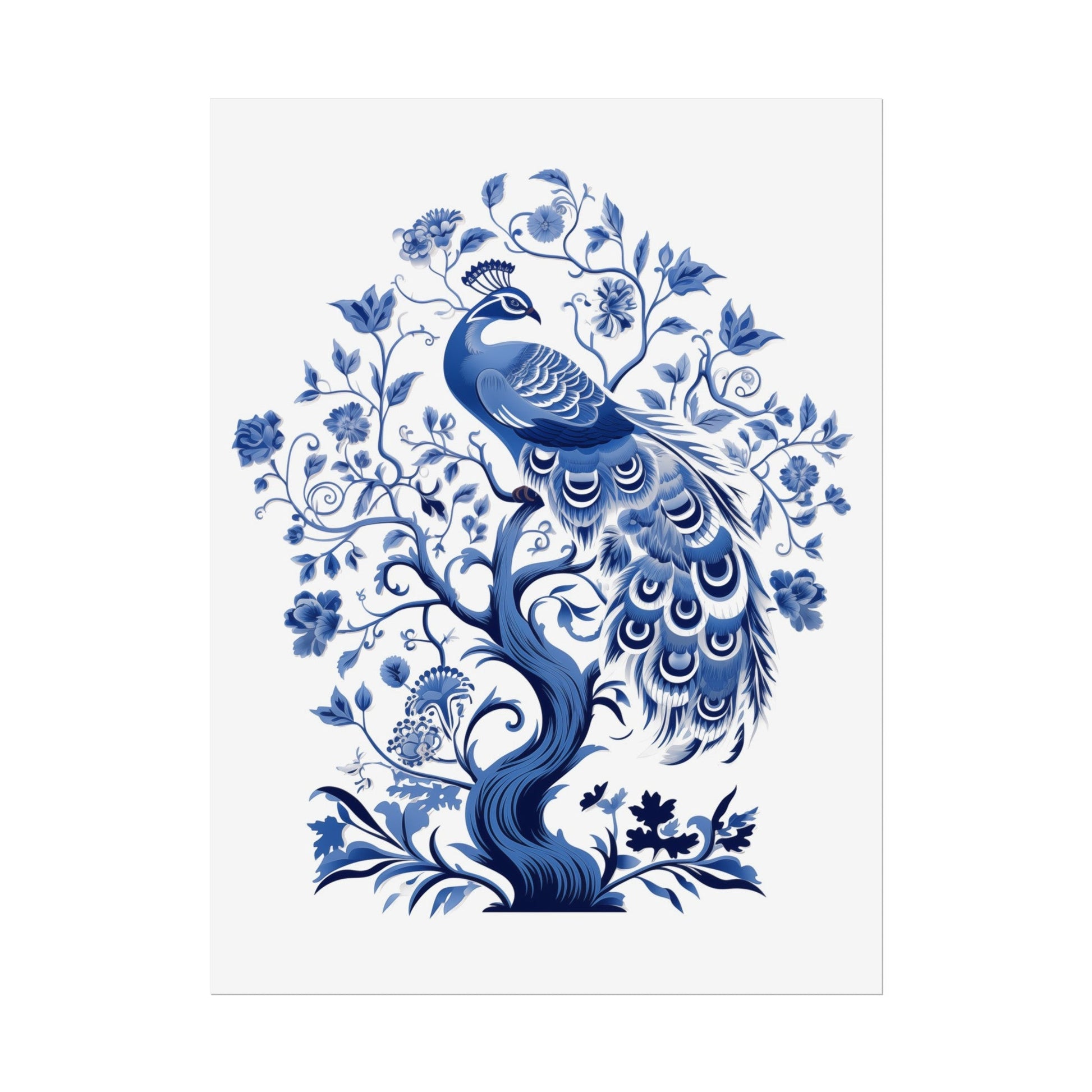 Chinoiserie Wall Art Print Blue and White Peacock