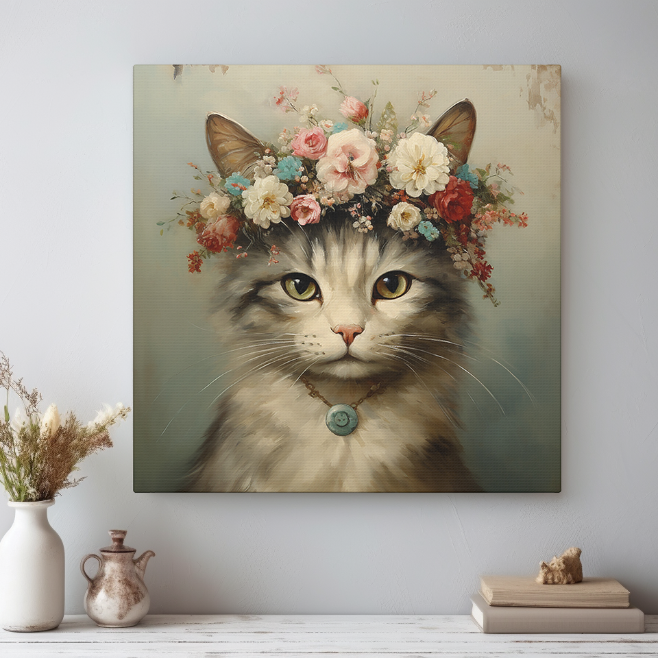 Whimsical Cat Wall Art - Canvas Print Gallery Wrap - With Floral Crown