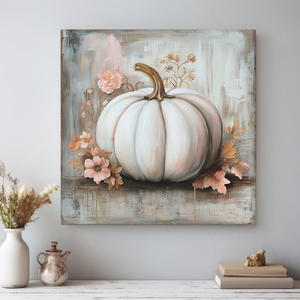 Pumpkin Wall Art - Canvas Print Gallery Wrap - White with Shabby Chic Flowers