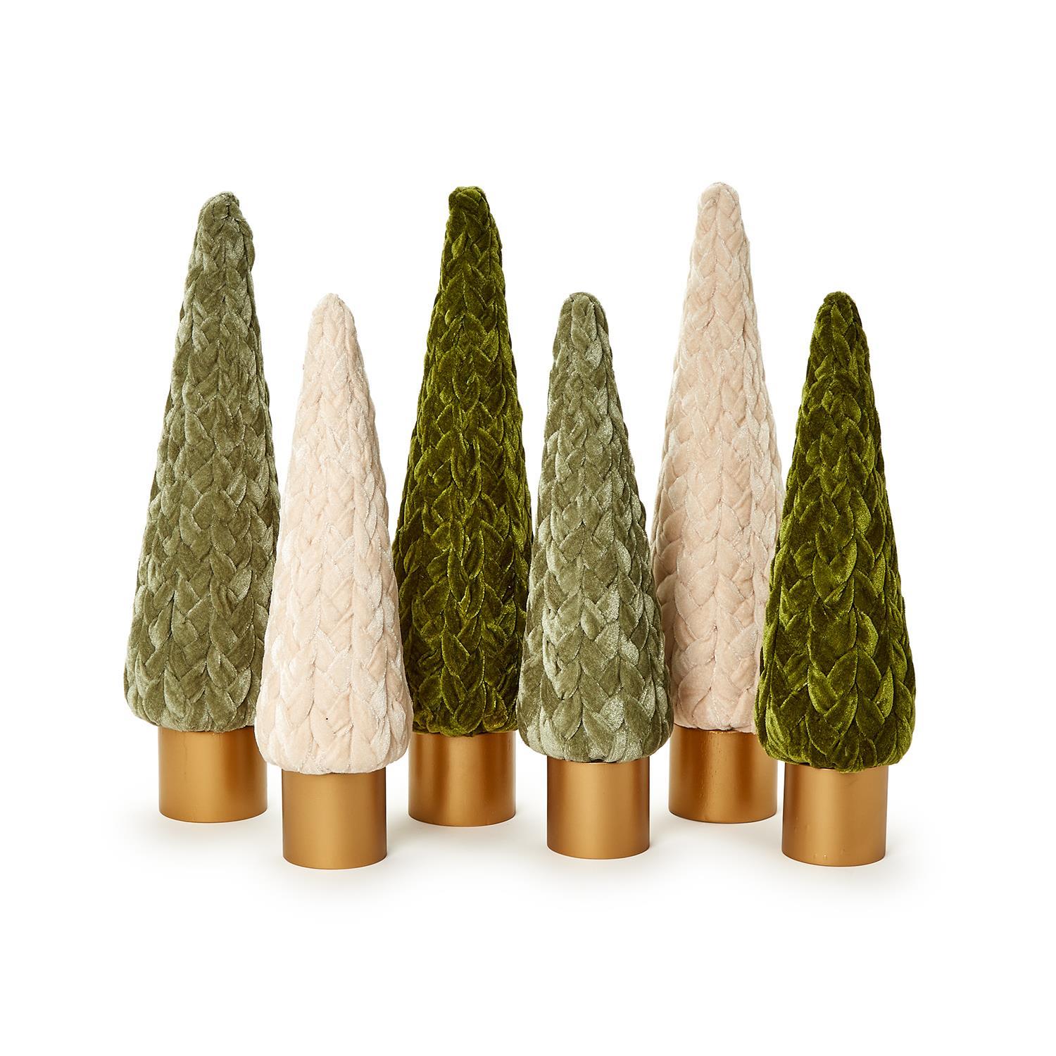 Set of decorative Christmas trees with braided velvet fabric and gold bases on a white background