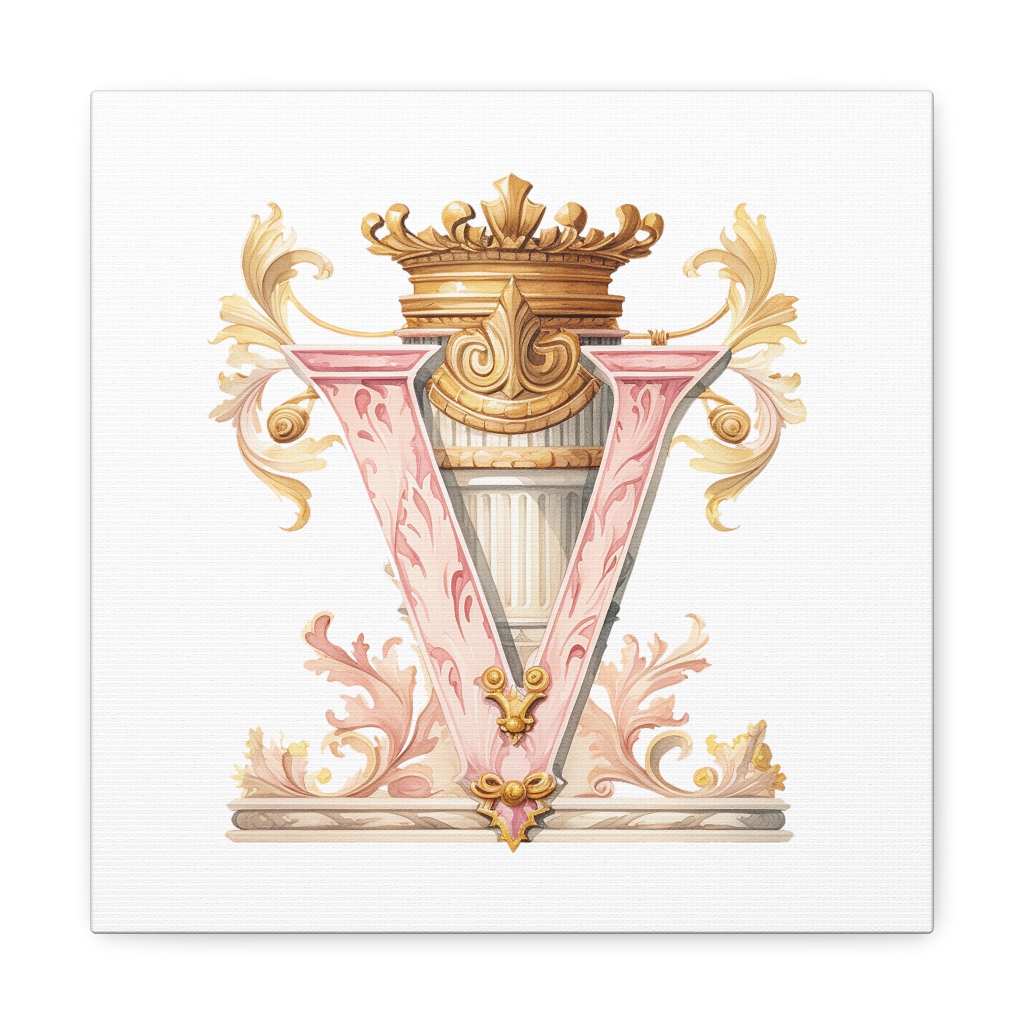 Monogram V Wall Art - Canvas Print Gallery Wrap - Single Initial Letter with Crown - Pink and Gold