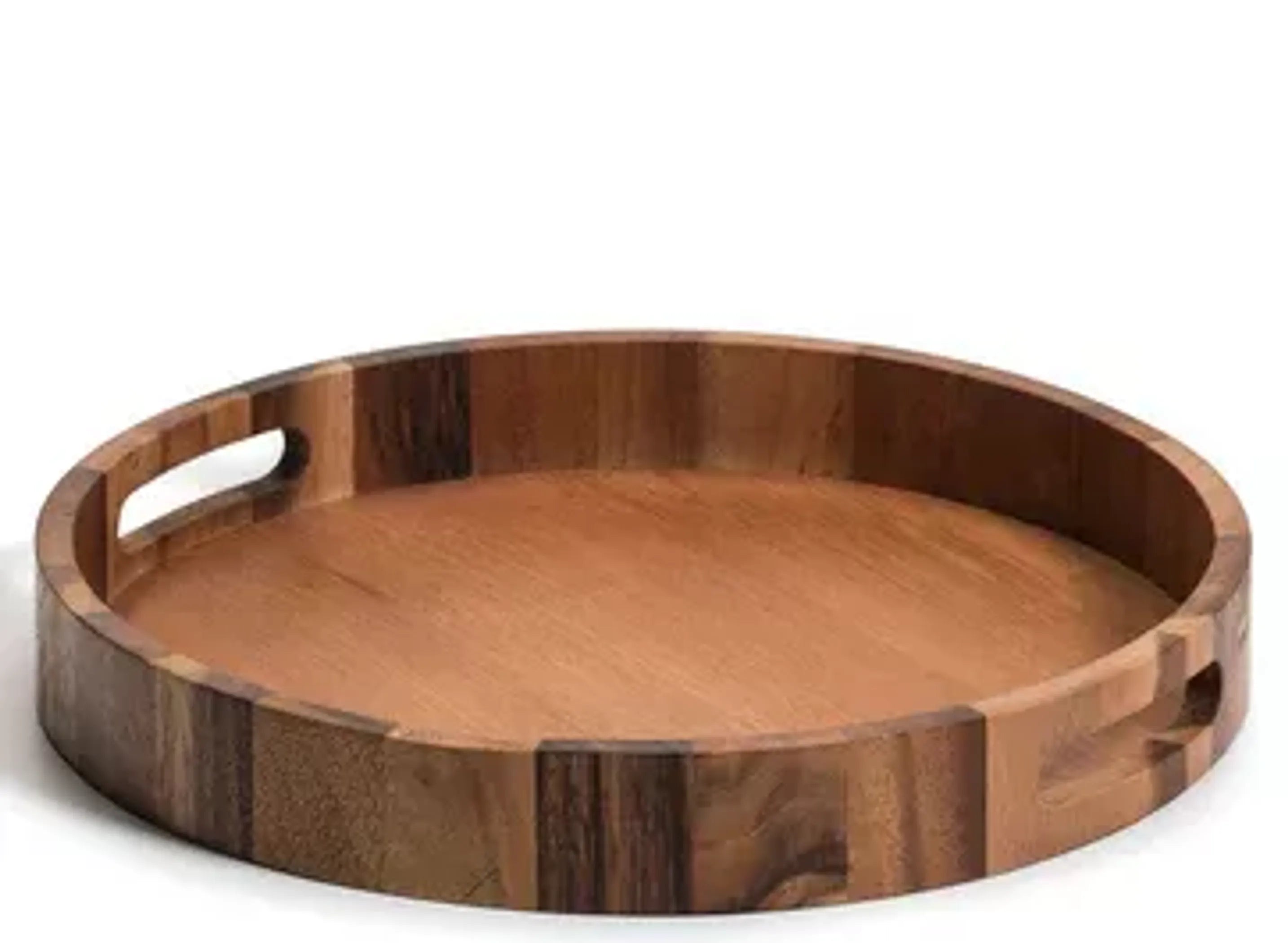 Acacia wood serving tray with handles on a white background