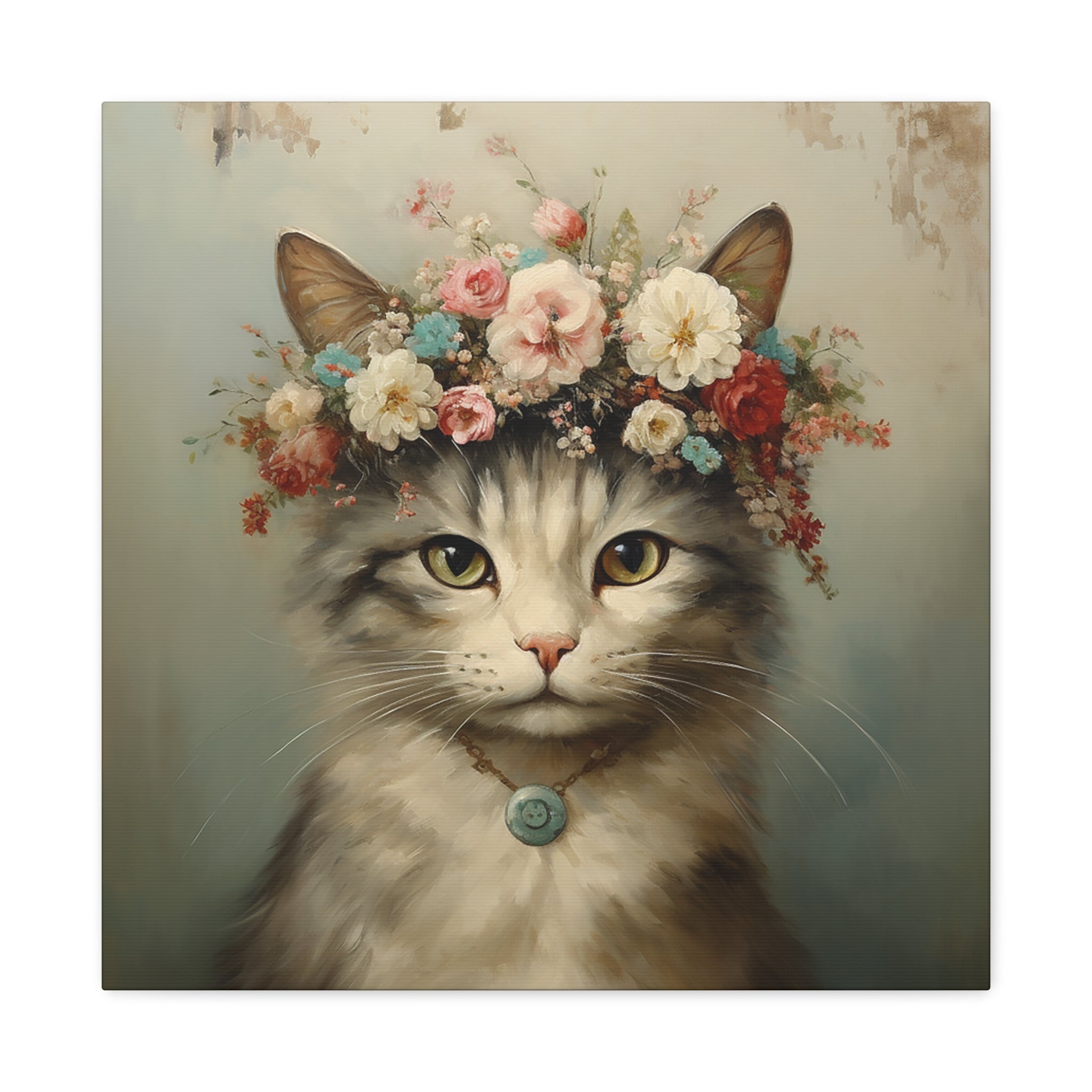 Whimsical Cat Wall Art - Canvas Print Gallery Wrap - With Floral Crown