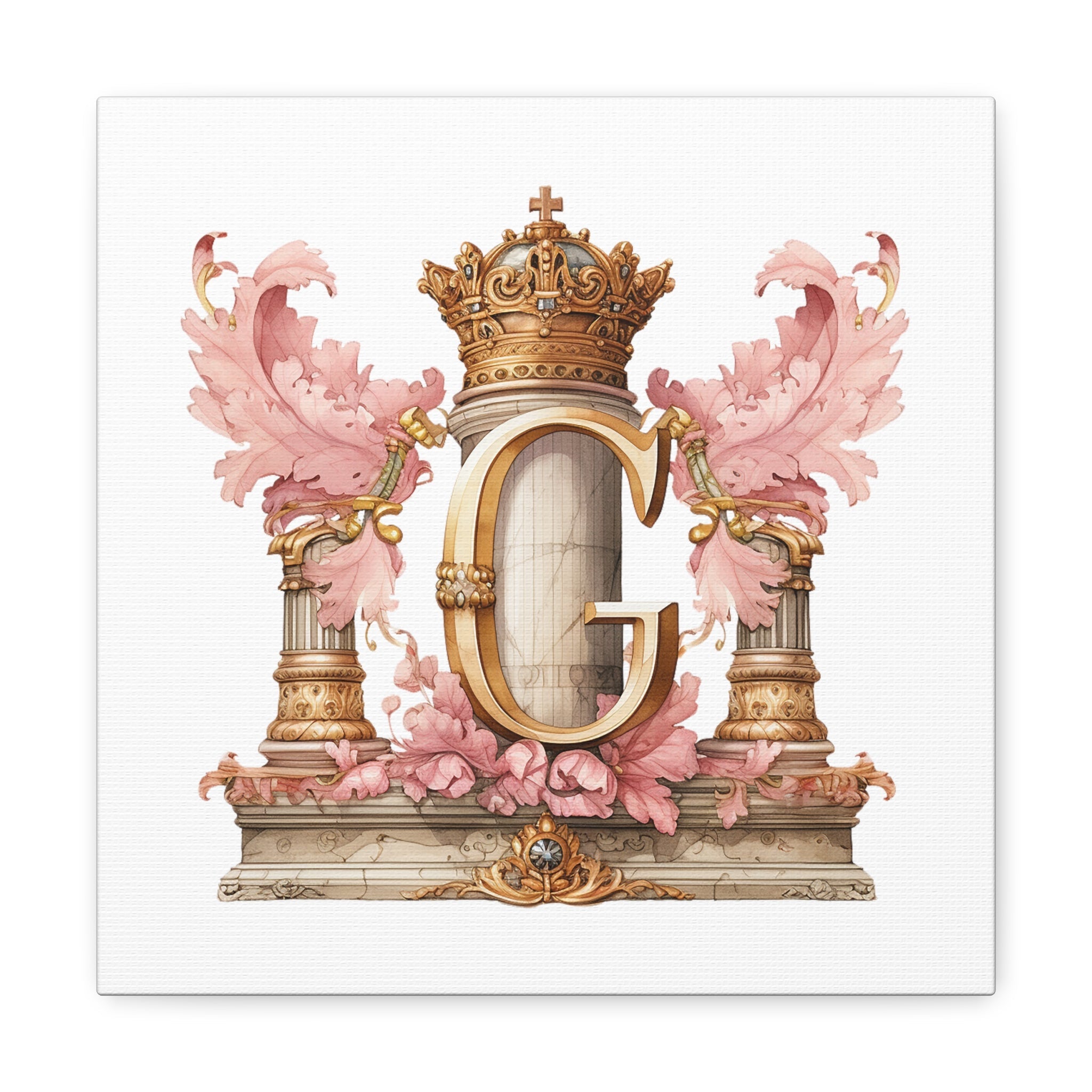 Monogram G Wall Art - Canvas Print Gallery Wrap - Single Initial Letter with Crown - Pink and Gold