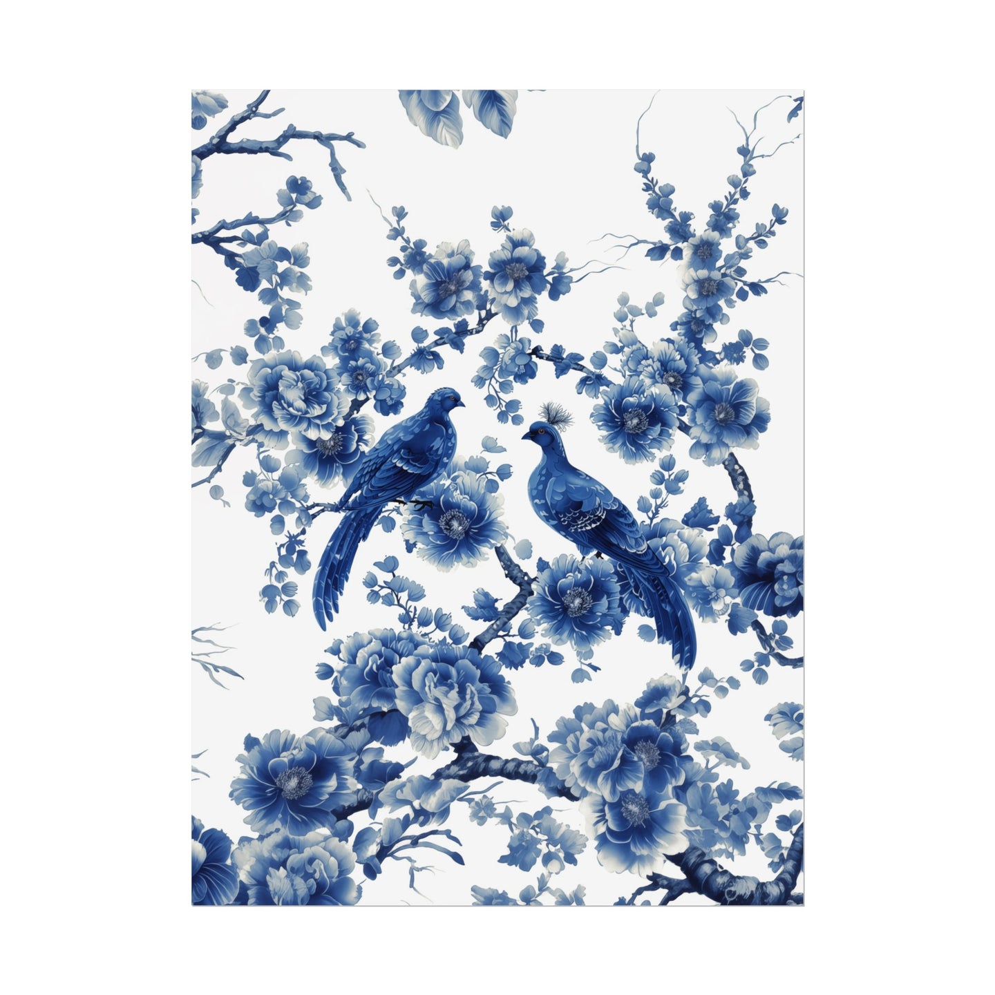 Chinoiserie Wall Art Print Peacocks Cobalt Blue and White