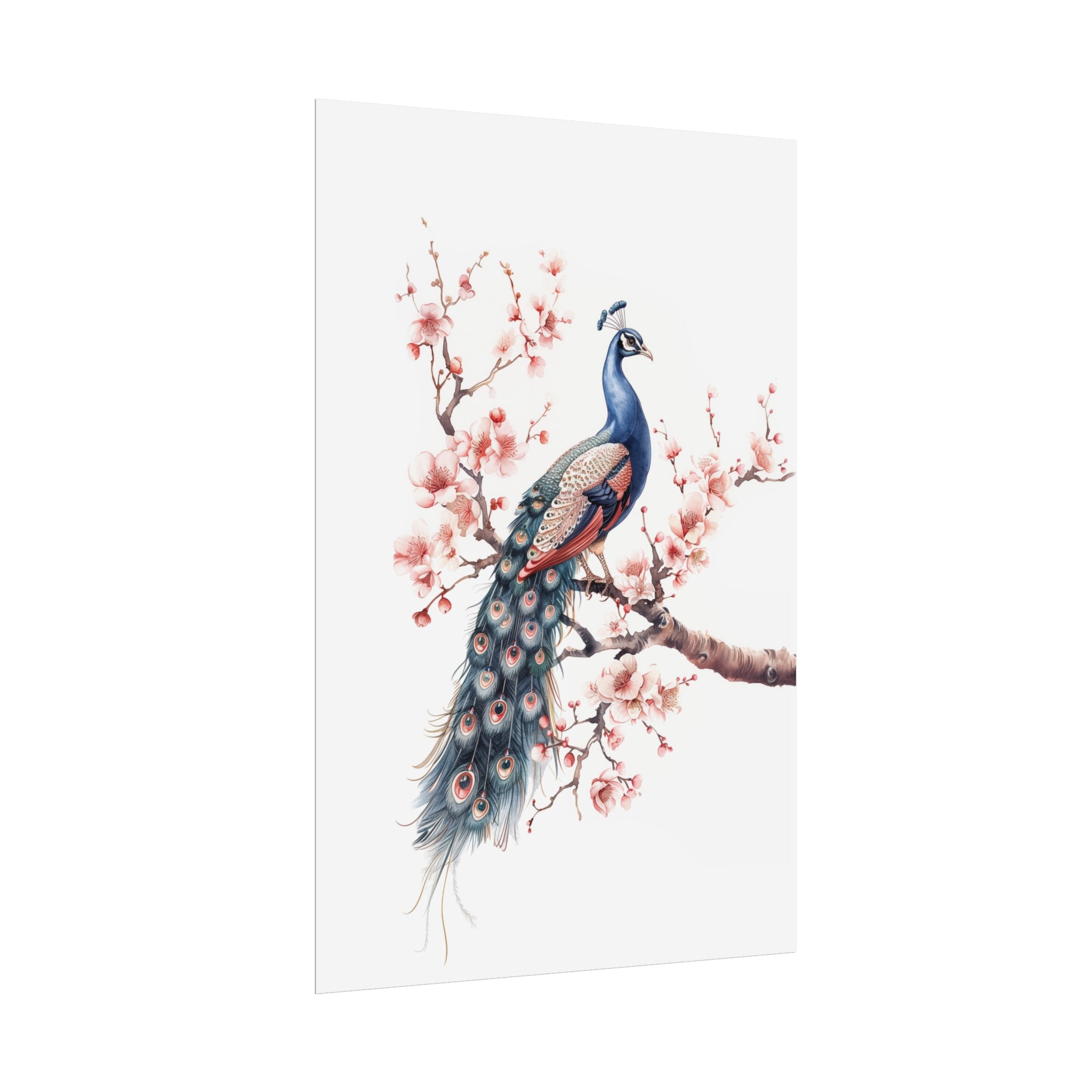 Chinoiserie Wall Art Print - Peacock with Cherry Blossom Flowers