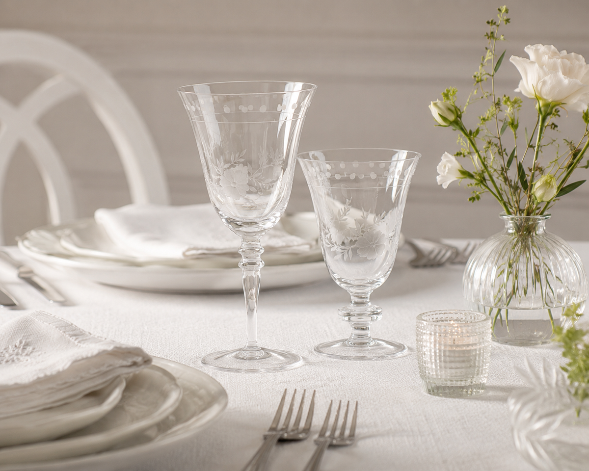 Set of 4 Garden Blossom Etched Glass Water Goblets