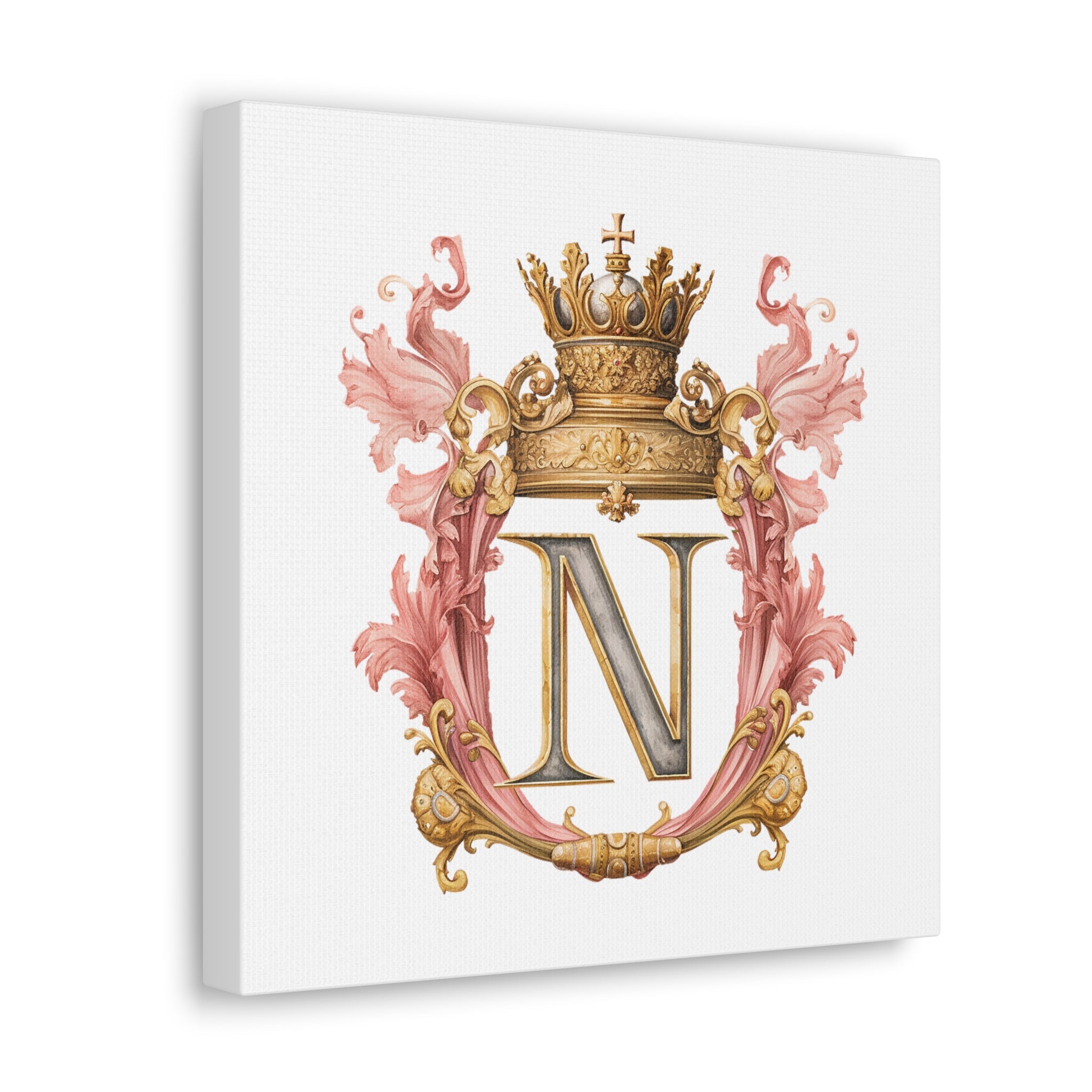 Monogram N Wall Art - Canvas Print Gallery Wrap - Single Initial Letter with Crown - Pink and Gold