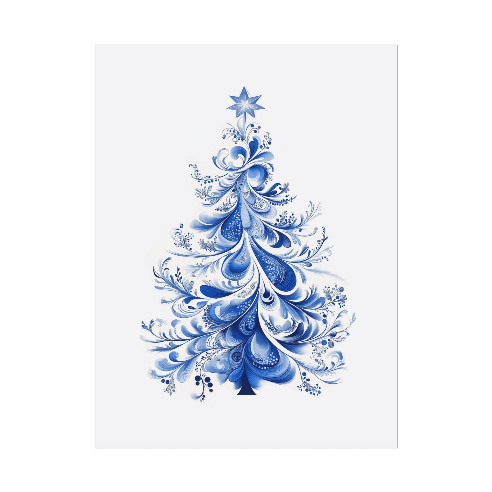 Blue and White Christmas Tree Wall Art Print - Delft Inspired