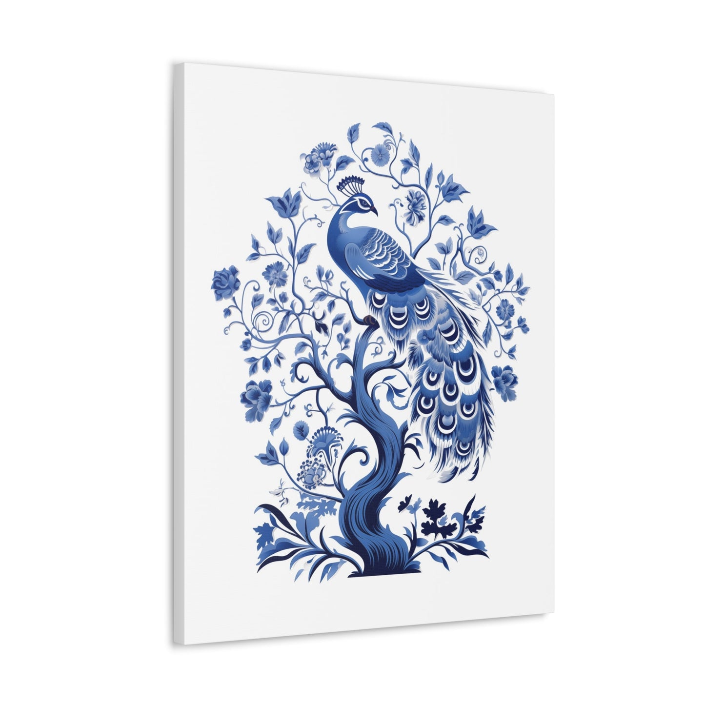 Chinoiserie Canvas Print Gallery Wrap - Peacock in Cobalt Blue and White