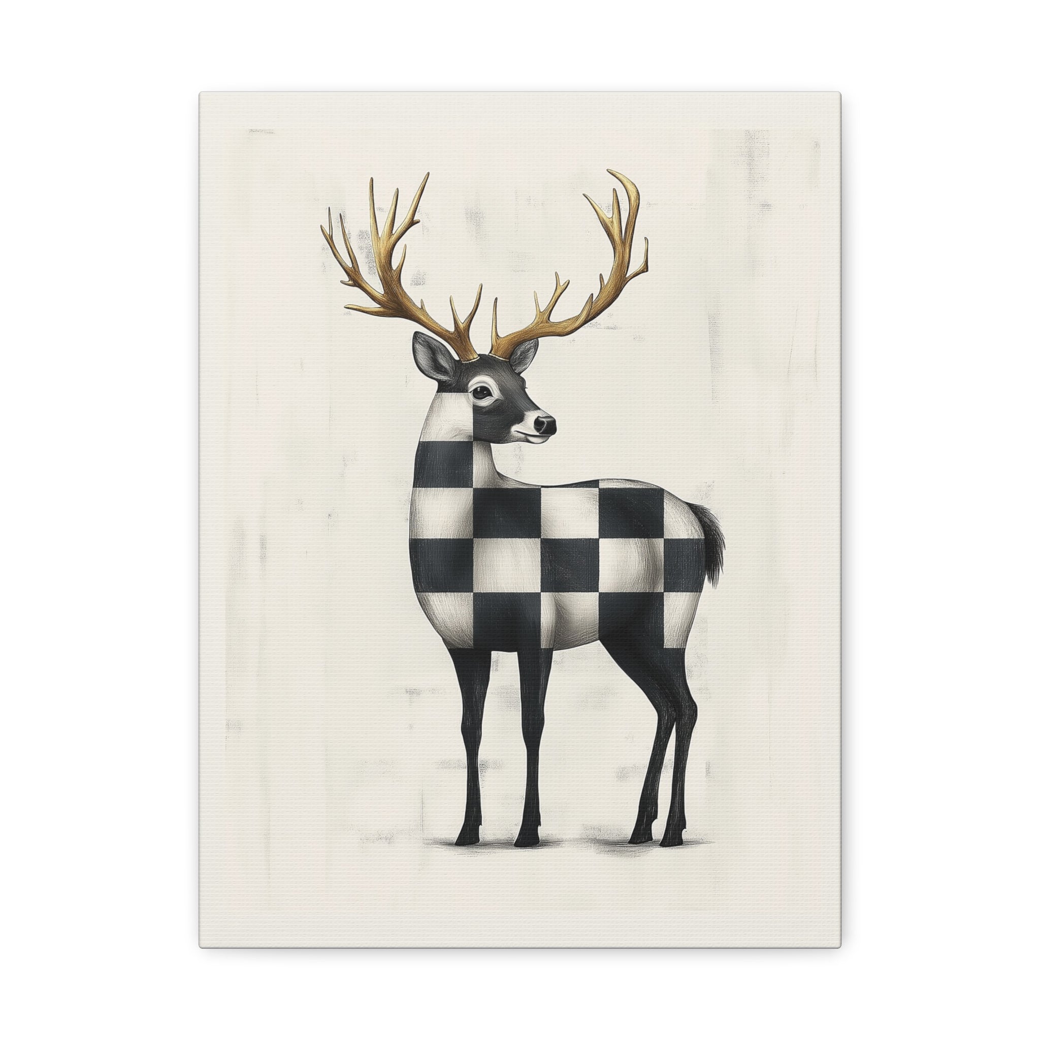 Check Deer Canvas Print - Gallery Wrap Wall Art - Black and White on Ivory Backdrop with Gold-Toned Antlers