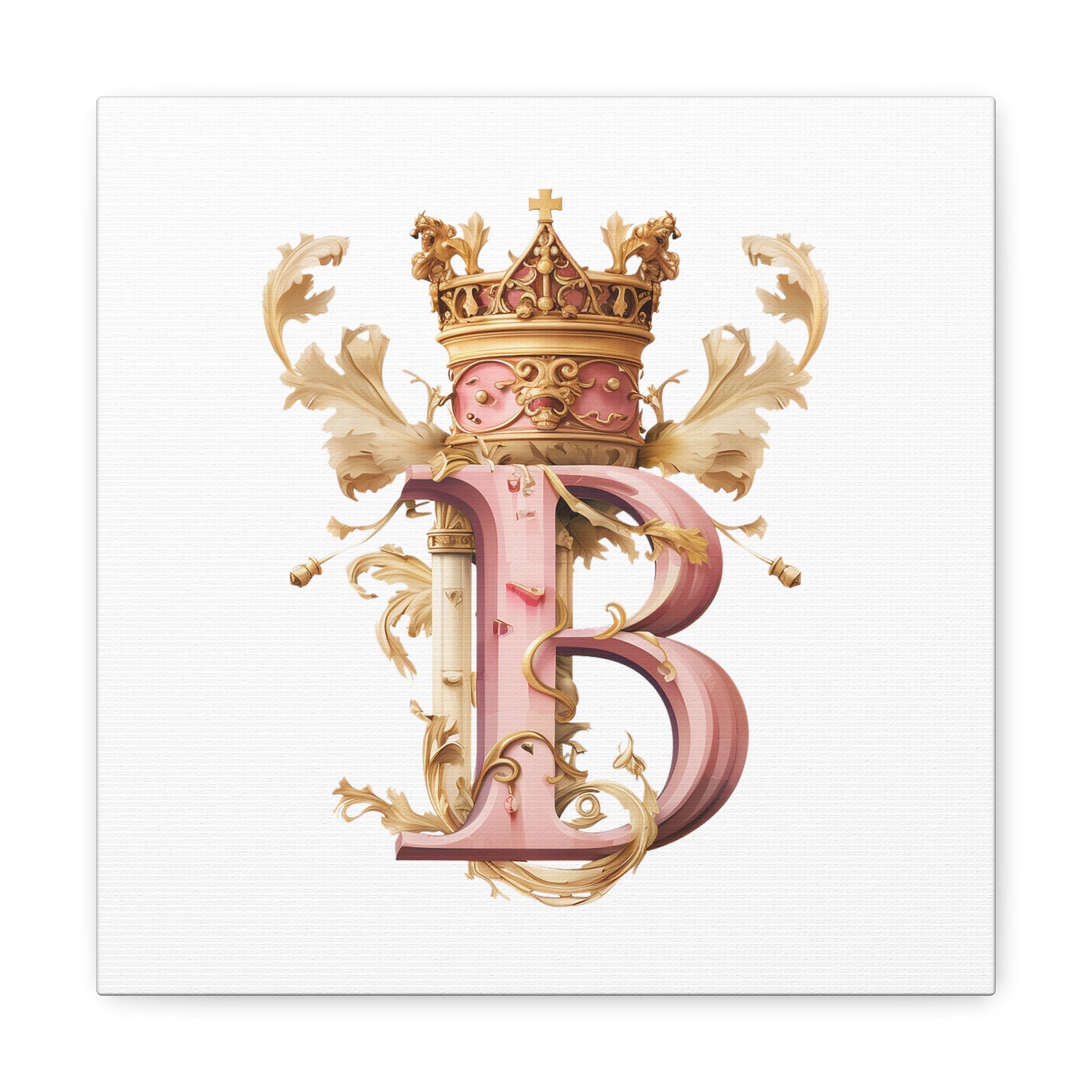 Monogram B Wall Art - Canvas Print Gallery Wrap - Single Initial Letter with Crown - Pink and Gold