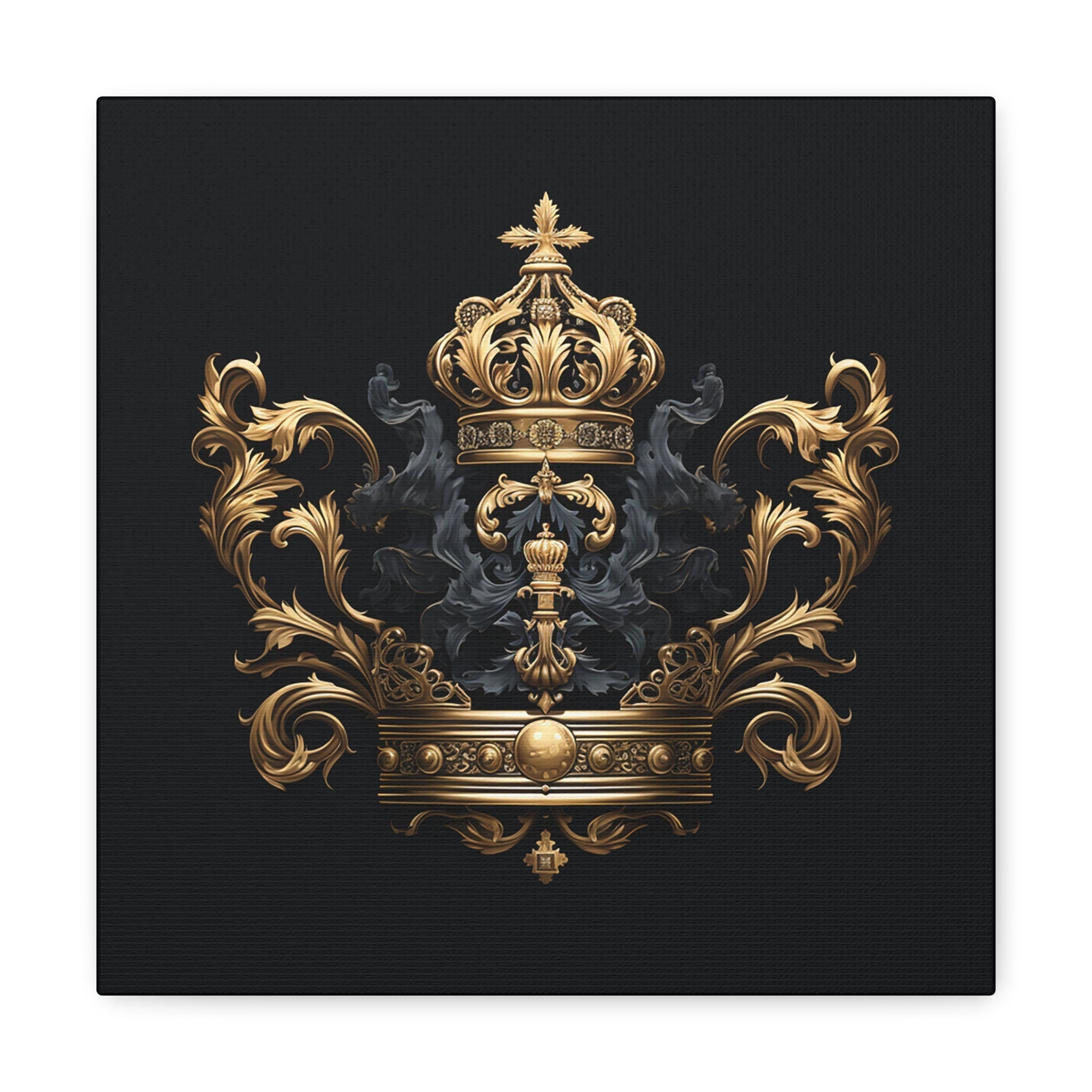 Renaissance Emblem Wall Art - Canvas Print Gallery Wrap - Gold and Black Crown and Cross