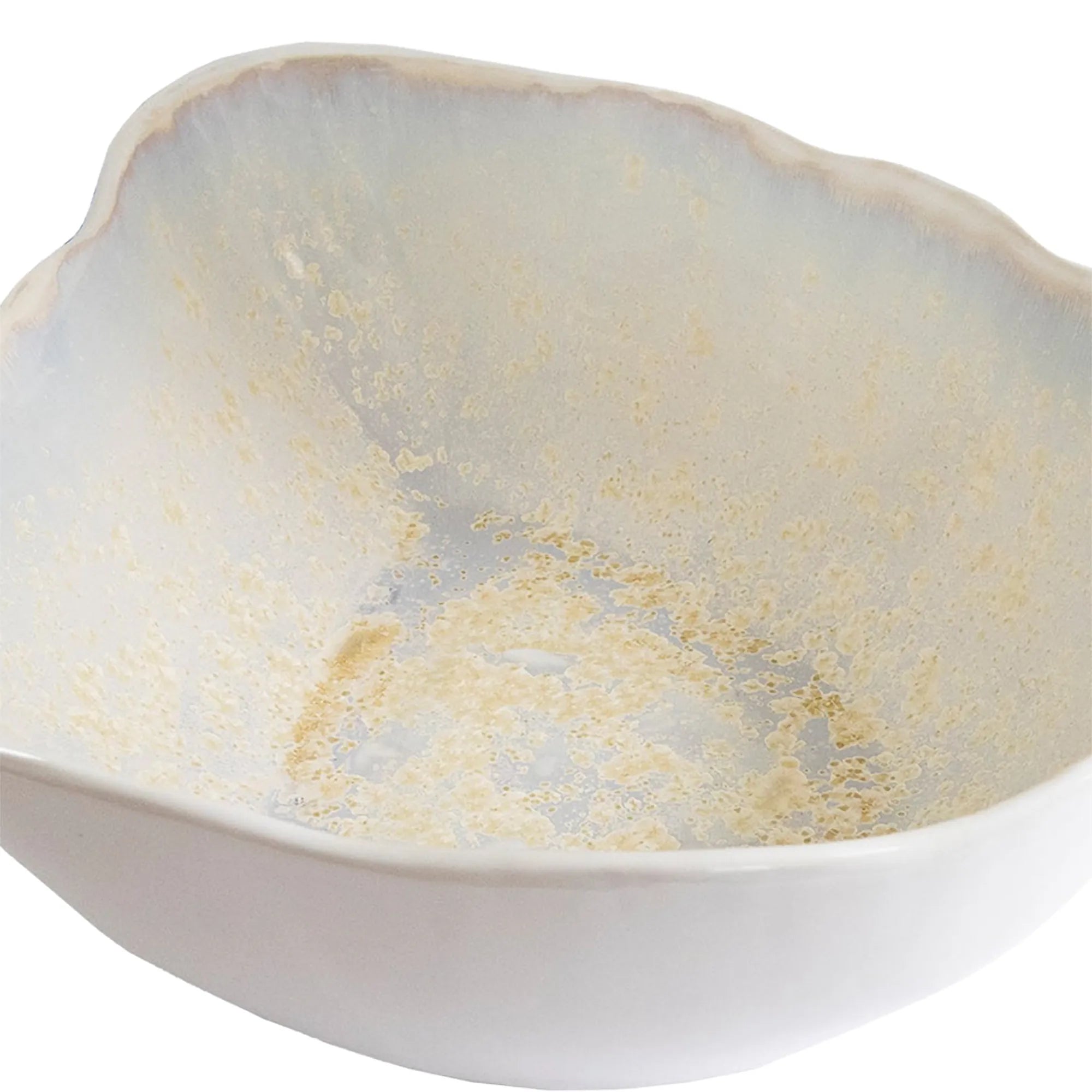 Close up of a white pearl oyster ceramic bowl with marbled design on a white background