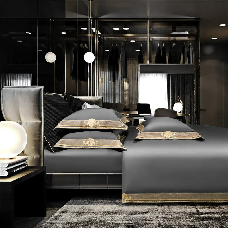 Modern bedroom with dark furniture and decorative elements