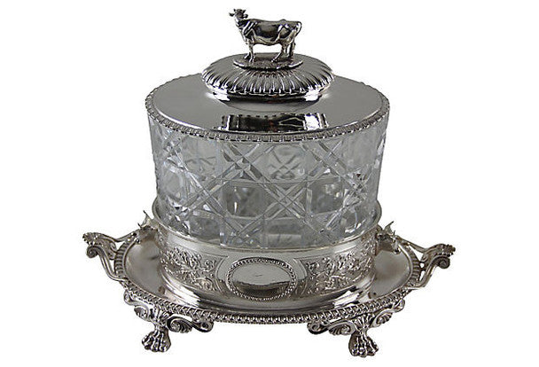 Antique English Sterling Silver Biscuit Box, 1869 with Dairy Cow Finial and Egg and Dart Trim Border