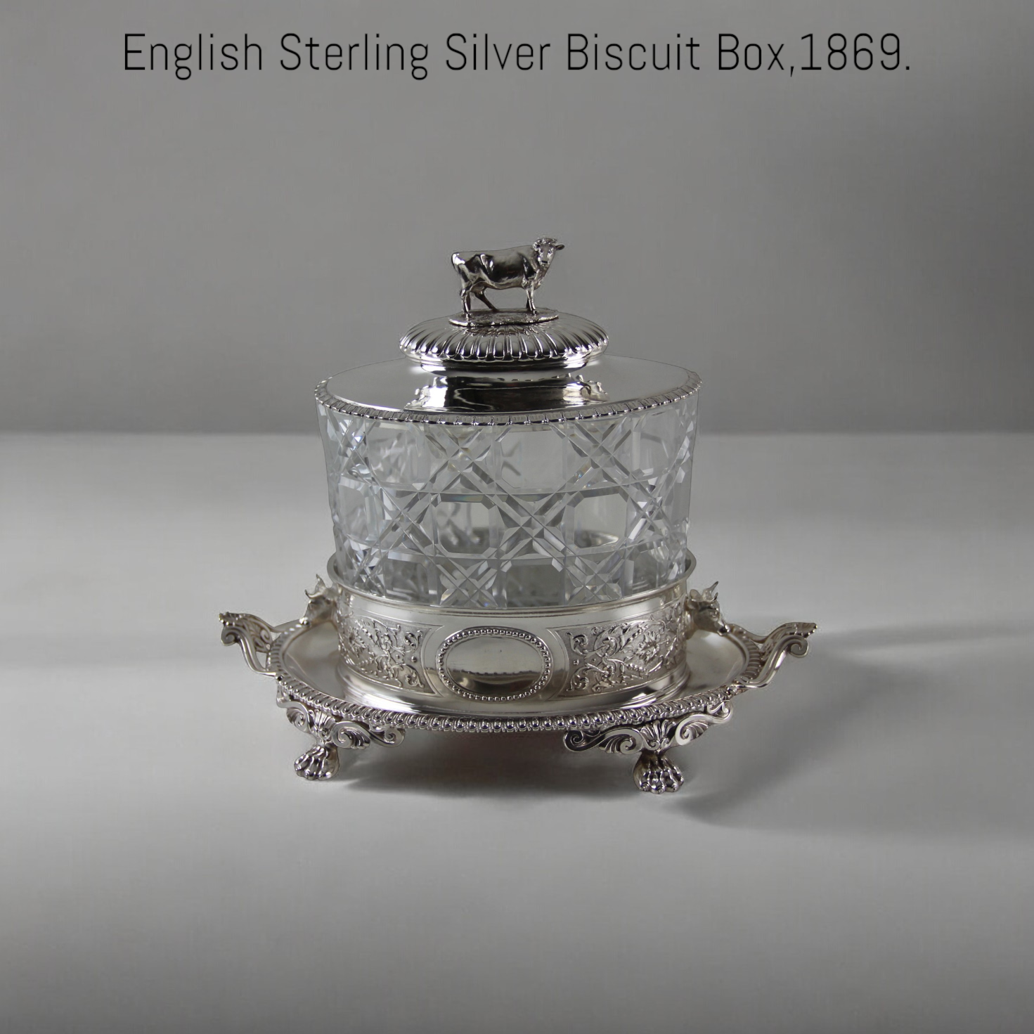 Antique English Sterling Silver Biscuit Box, 1869 with Dairy Cow Finial and Egg and Dart Trim Border