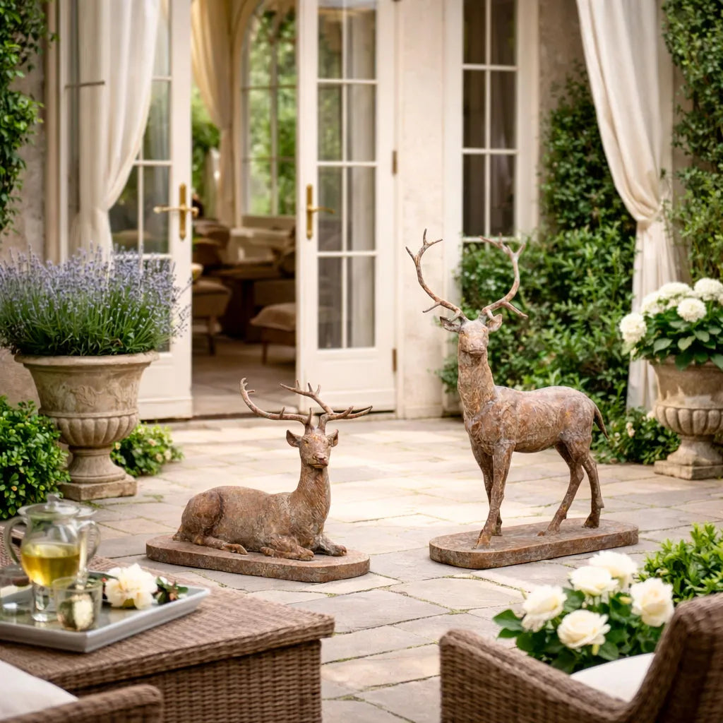 Decorative deer statues on a patio with flowers and a glass of wine.
