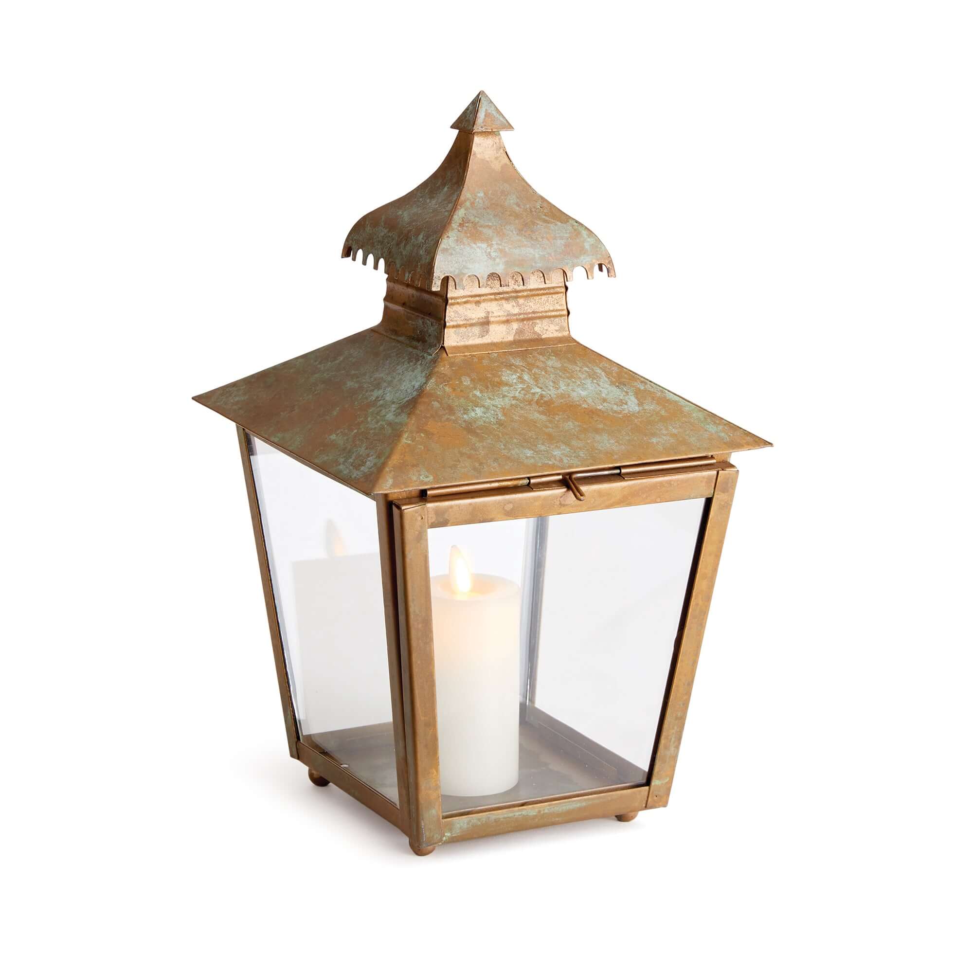 Bronze lantern with a candle inside on a white background