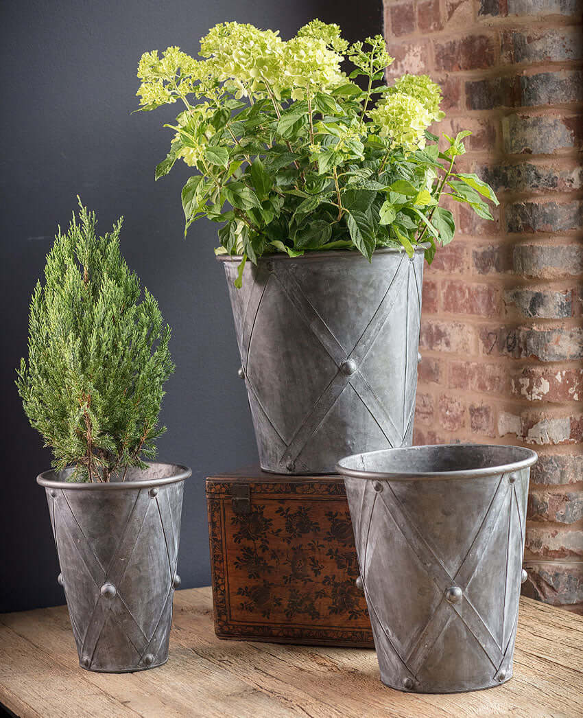 Three metal planters with plants against a brick wall.