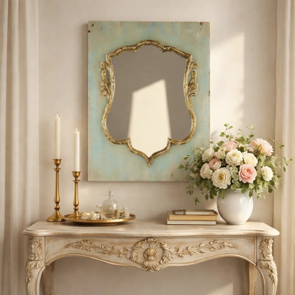 Decorative console table with an antique style shield shaped mirror, candles, and flowers in a classic interior setting.
