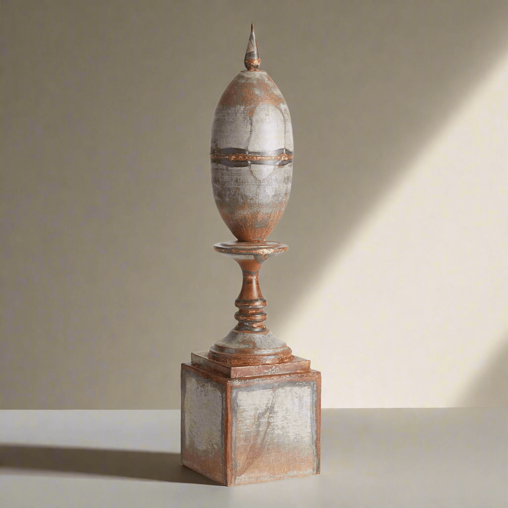 Decorative metal finial on a neutral background