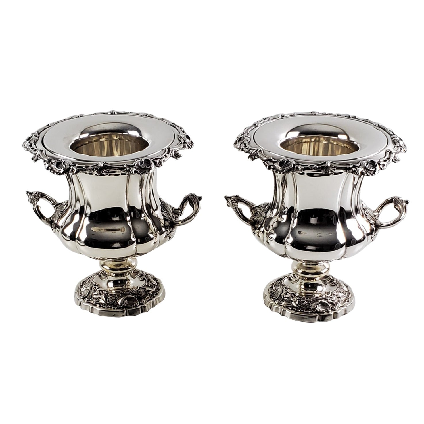 Two silver urn-shaped Wine Coolers on a white background
