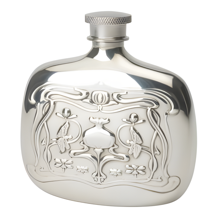 Silver hip flask bottle with intricate engravings on a white background