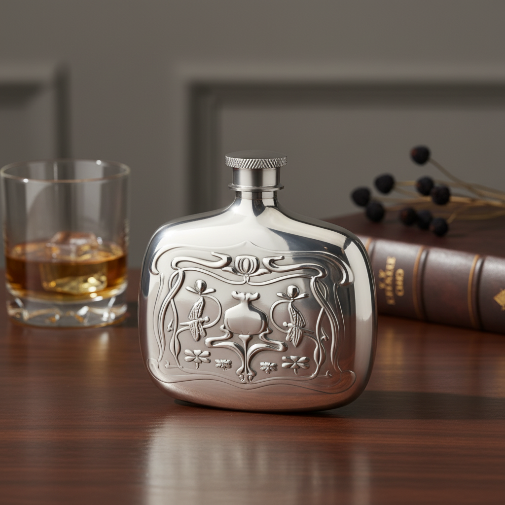 Pewter 16oz flask with intricate design on a wooden surface next to a glass of whiskey.
