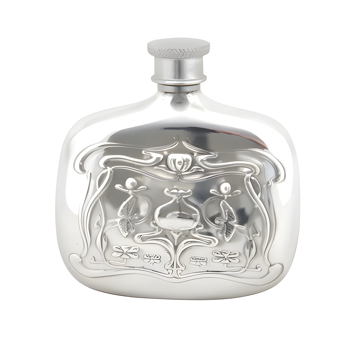Silver flask with intricate engravings on a white background