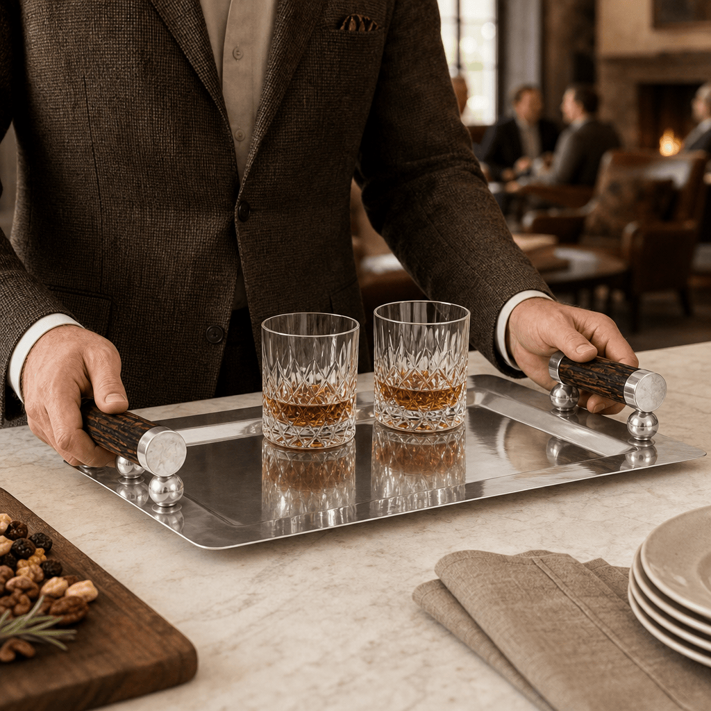 Stainless Serving Tray Composite Antler Handles