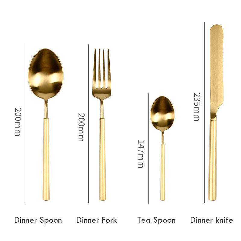 Gold cutlery set with measurements on a white background