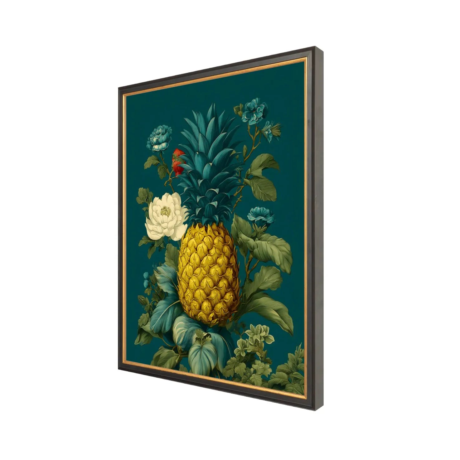 Black & Gold Framed artwork of a pineapple surrounded by flowers on a teal background 16" x 20" side view
