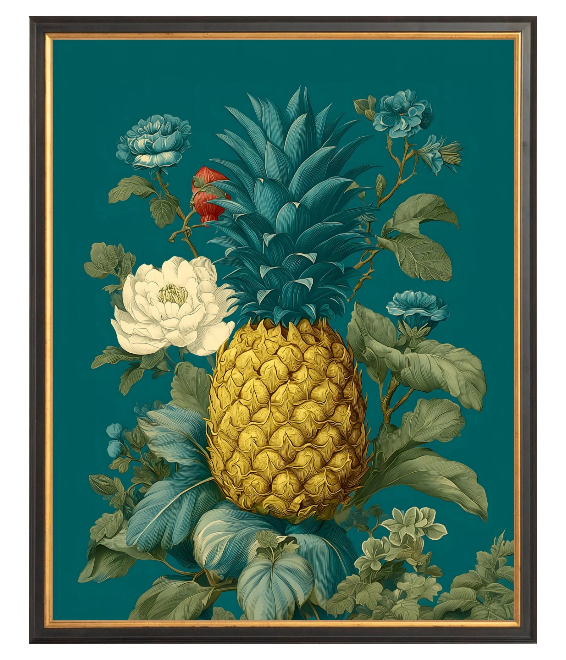 Black & Gold Framed artwork of a pineapple surrounded by flowers on a teal background 16" x 20"