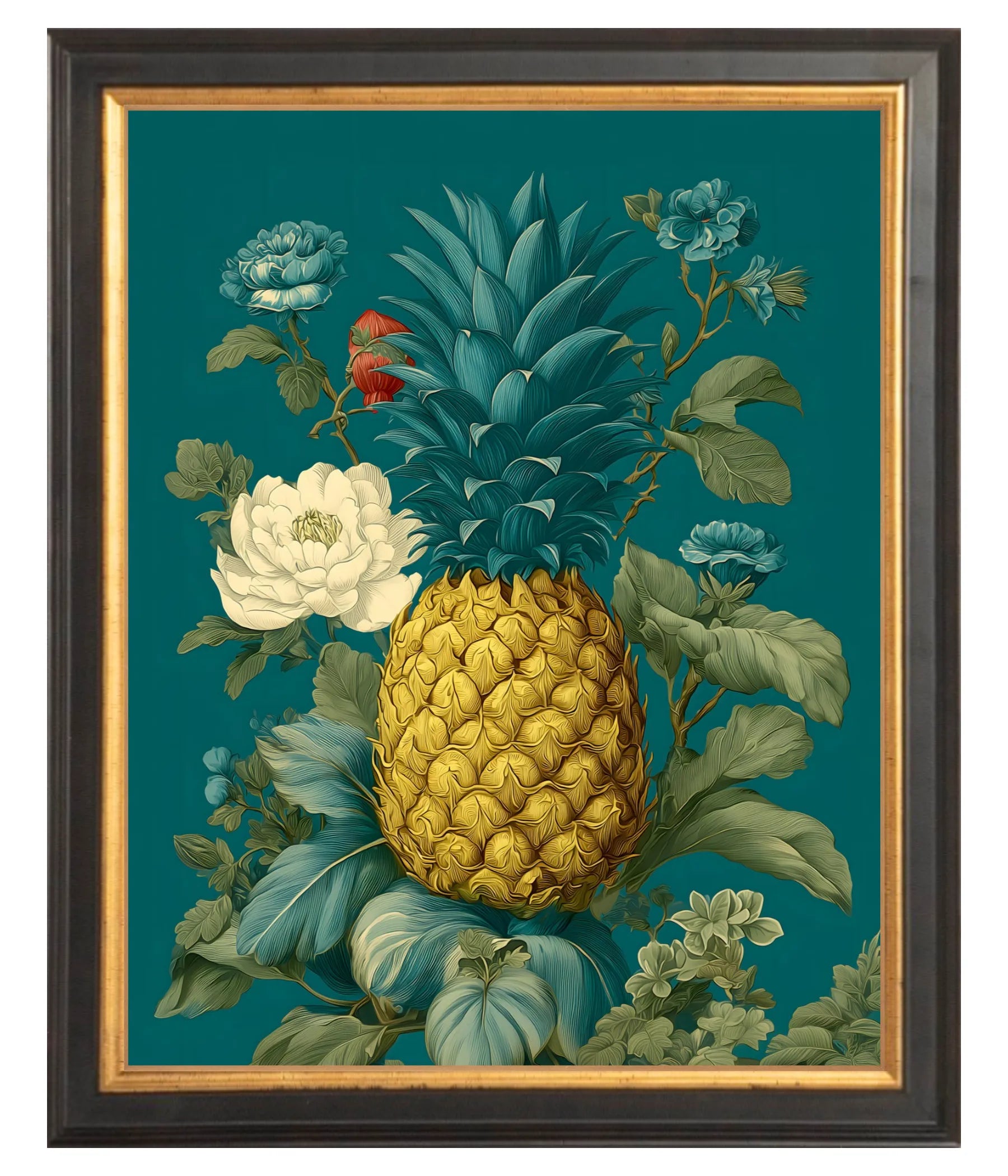 Black & Gold Framed artwork of a pineapple surrounded by flowers on a teal background 8" x 10"