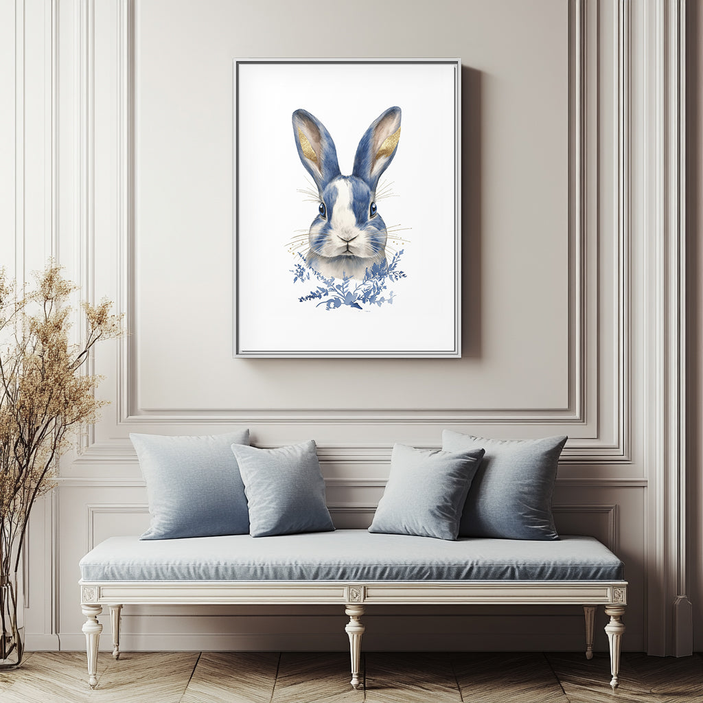 Framed Rabbit Canvas Wall Art - Blue & White Chinoiserie Decor