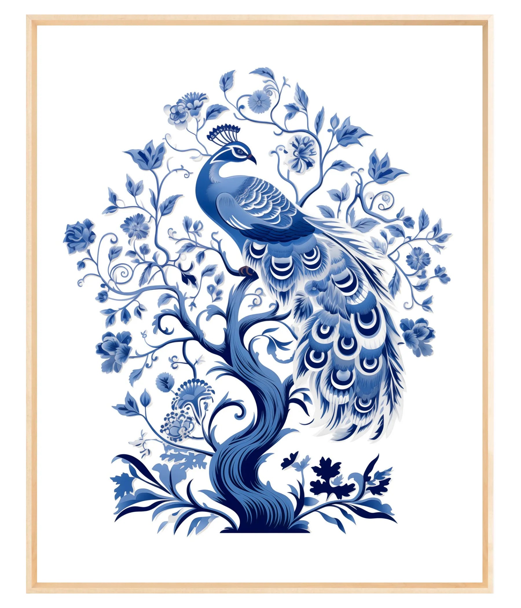 Blue peacock illustration with floral elements on a white background in a natural floating frame 20" x 25"