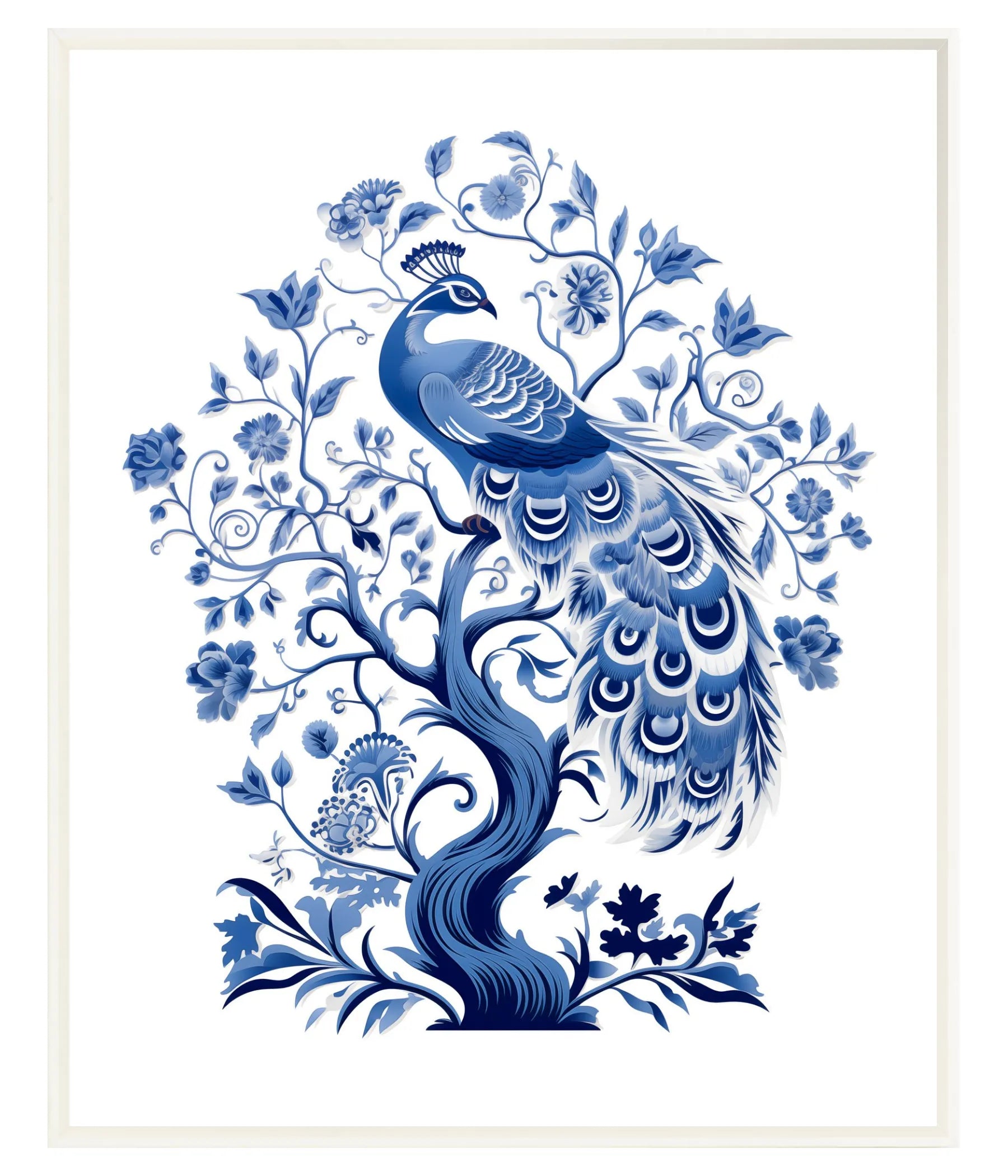 Blue peacock illustration with floral elements on a white background in a white floating frame
