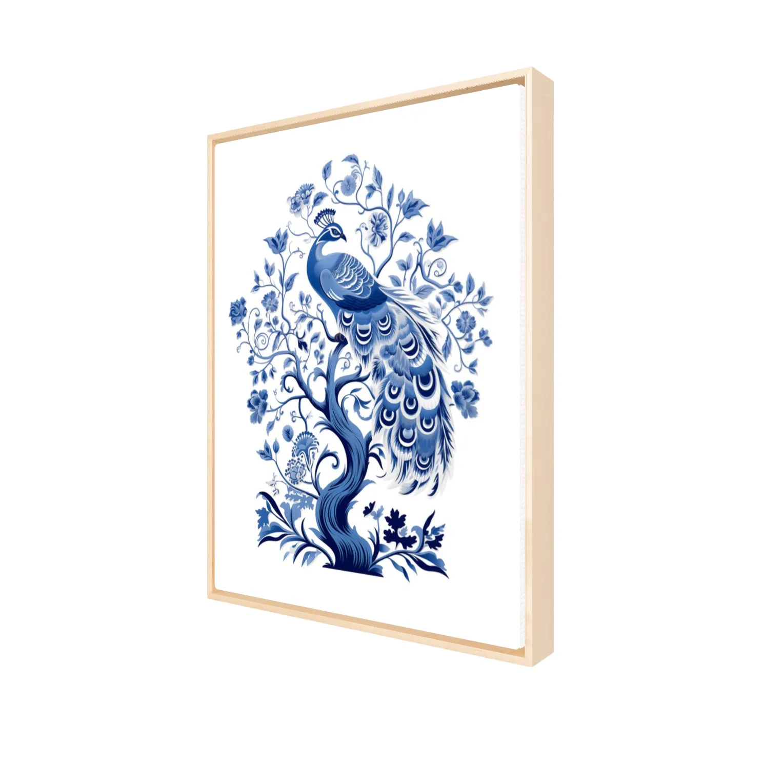 Framed artwork of a blue peacock with floral patterns on a white background side view
