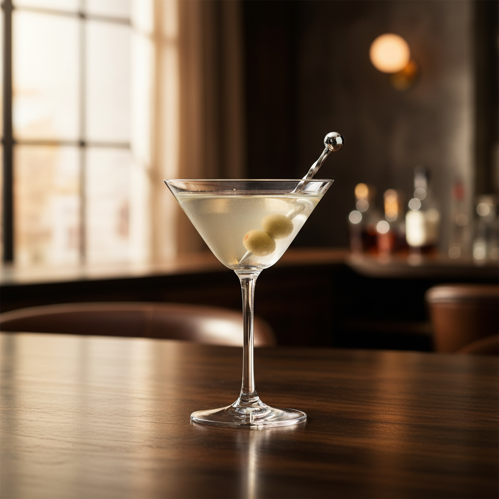 Martini glass with a silver plated martini cocktail stick with olive garnish on a bar counter