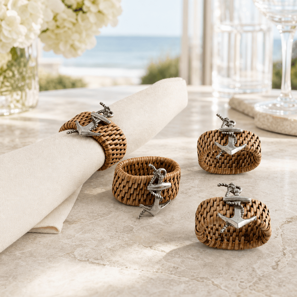 Anchor Hand Woven Wicker Rattan Napkin Ring - Set of 4