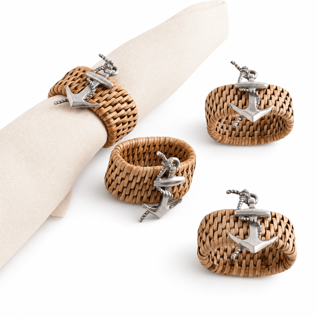 Anchor Hand Woven Wicker Rattan Napkin Ring - Set of 4