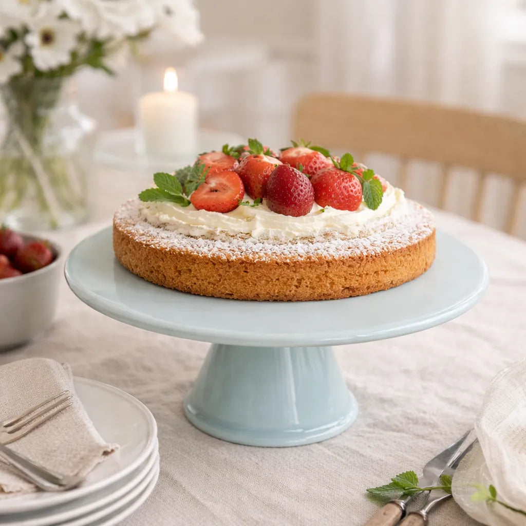 Strawberry cake on a light blue cake stand with a candle and flowers in the background.