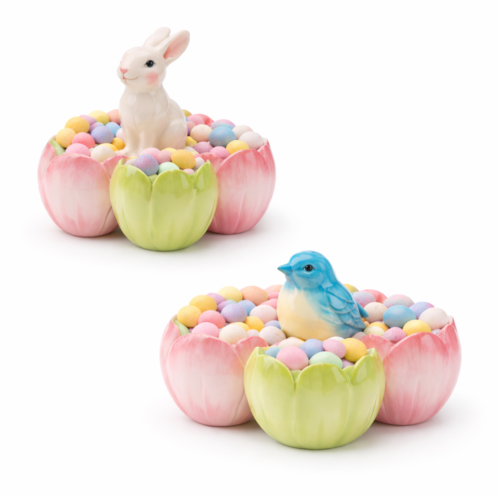 Decorative Easter ceramic tidbit dishes a rabbit and bird in the center of tulips filled with colorful eggs.