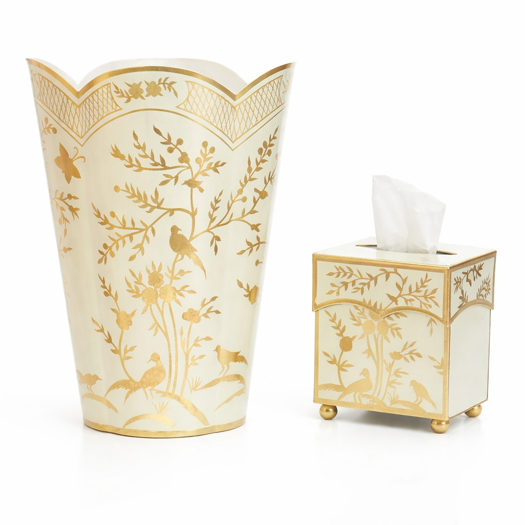 Decorative trash can and tissue box cover with gold floral and bird patterns on a white background