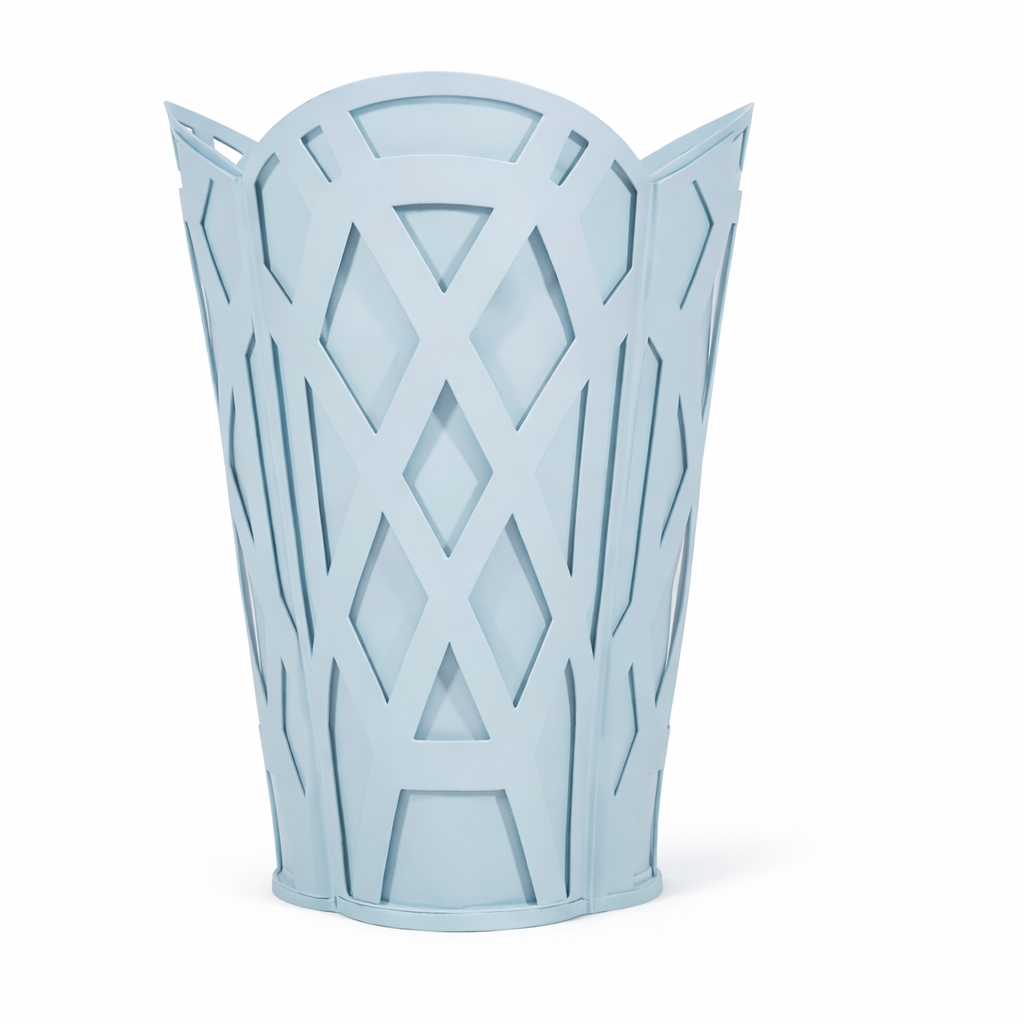 Light blue decorative wastepaper basket with lattice design on a white background