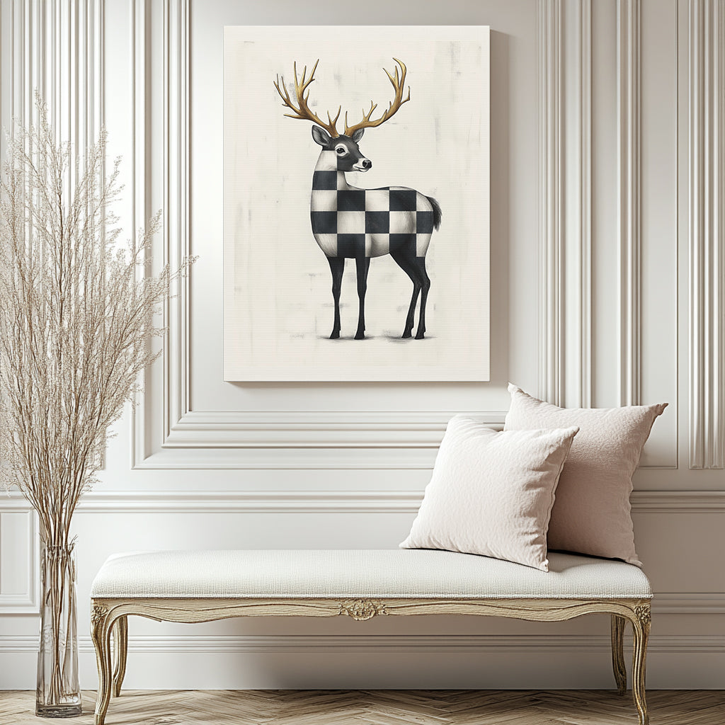 Check Deer Canvas Print - Gallery Wrap Wall Art - Black and White on Ivory Backdrop with Gold-Toned Antlers