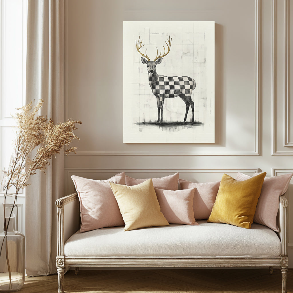 Check Deer Canvas Print - Gallery Wrap Wall Art - Black and White on Cream Backdrop with Gold-Toned Antlers