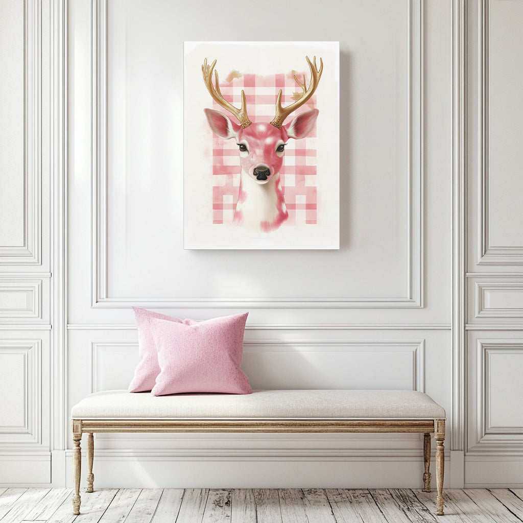 Check Deer Canvas Print - Gallery Wrap Wall Art - Pink and White with Gold-Toned Antlers